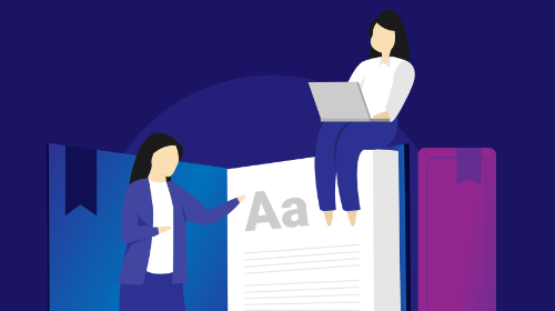A imagem é uma ilustração e possui fundo azul em tom escuro. No centro, um livro aberto em pé. A primeira página possui duas letras A escritas e uma mulher vestida de azul aponta para as letras. Outra pessoa está sentada em cima do livro e mexe em um notebook.