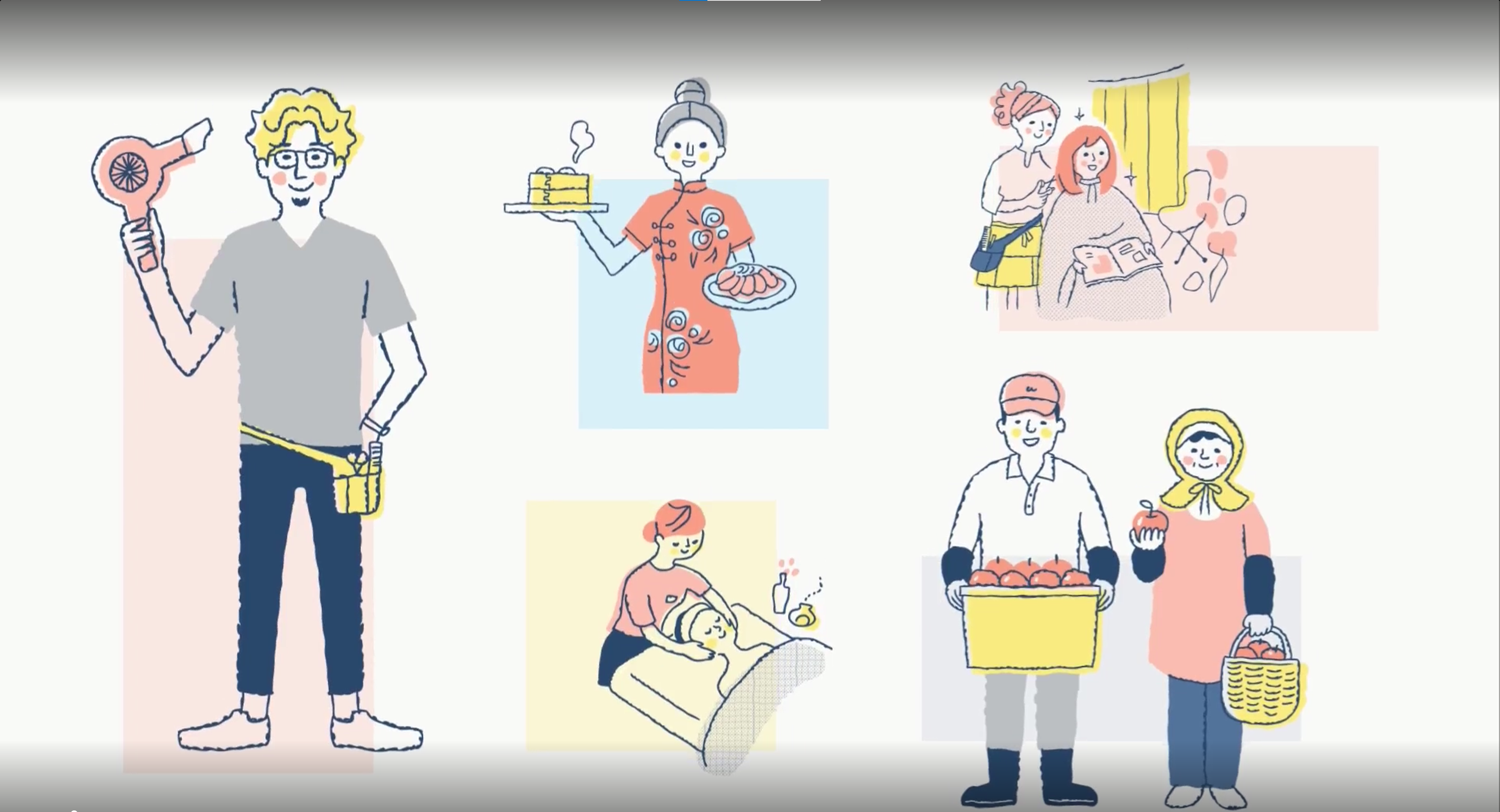 A imagem é uma ilustração. Cinco atividades econômicas estão sendo representadas pelas ilustrações de um homem com um secador de cabelo na mão, uma mulher segurando dois pratos de comida, uma mulher fazendo limpeza de pele em uma cliente, uma mulher cortando o cabelo de uma cliente, e um casal segurando uma cesta com frutas dentro.