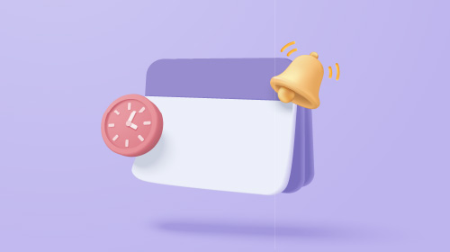 A imagem é uma ilustração. Um bloco de papel está preso a uma moldura roxa. Do lado esquerdo do bloco está um relógio de ponteiro na cor rosa. Já do lado direito, está um sino.