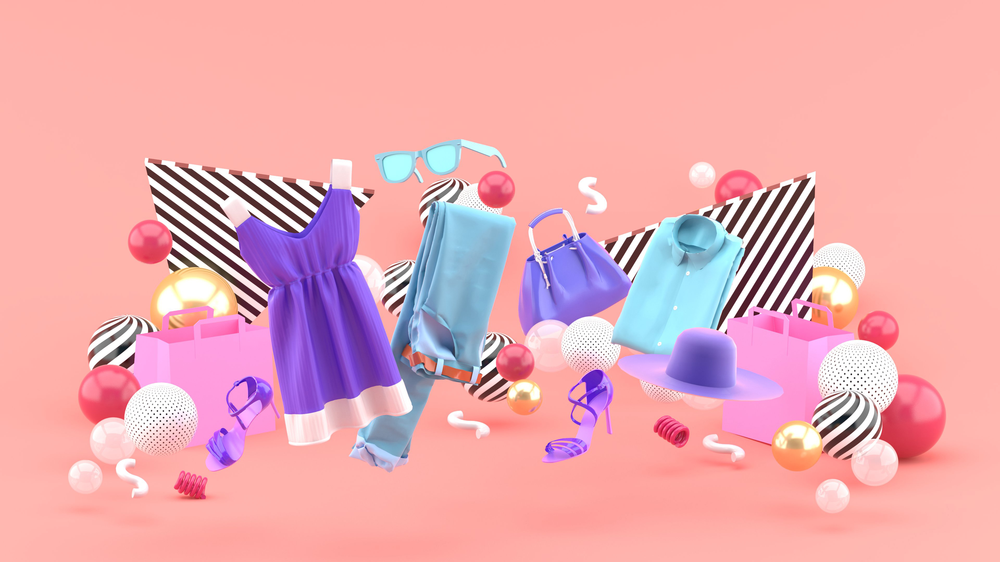 A imagem é uma montagem. Em um fundo rosa, estão dispostas diferentes peças de roupas, como um sapato roxo, um vestido roxo e branco, uma calça jeans, uma bolsa roxa e uma camisa azul. Além de acessórios como um óculos azul e duas bolsas rosas. Elementos gráficos em forma de bolas enfeitam a imagem.