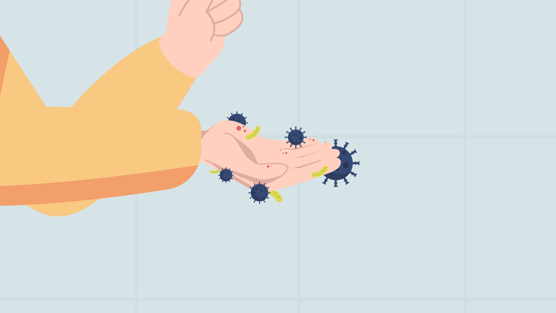 A imagem é o frame de um vídeo ilustrado. A mão de uma pessoa branca está aberta e estendida. Ao redor dela estão bolas coloridas nas cores azul, vermelha e amarela.
