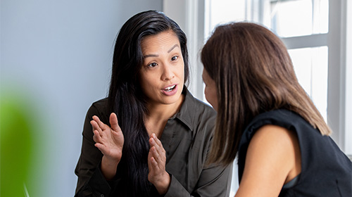 A imagem é uma foto. Em um escritório de paredes brancas, duas mulheres conversam, sentadas em frente a uma mesa. Uma delas está no centro da foto, de frente para a câmera, gesticulando e olhando para a outra mulher, que está de perfil.