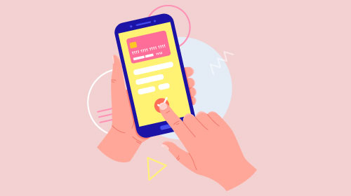 A imagem é uma ilustração com fundo rosa. Há quatro celulares com mãos segurando os aparelhos. O celular do canto superior esquerdo mostra a tela de finalização de um pagamento, enquanto o do canto superior direito mostra uma silhueta de mulher em ligação de vídeo. Já o celular do canto inferior esquerdo mostra o chat de uma conversa, enquanto o do canto inferior direito mostra uma tela de espera para transporte por aplicativo.