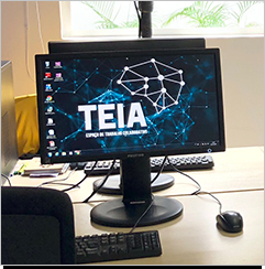 A imagem &eacute; uma foto. Ao fundo h&aacute; uma parede branca com janelas basculantes abertas. O foco est&aacute; em uma mesa de escrit&oacute;rio de madeira com computadores enfileirados. No monitor dos aparelhos, aparece a &aacute;rea de trabalho, em que est&aacute; escrito &ldquo;teia&rdquo;