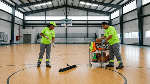 A imagem mostra dois funcionários realizando a limpeza e organização de uma quadra esportiva coberta. À esquerda, um homem usa uniforme verde fluorescente, boné e calça cinza com faixas refletivas enquanto varre o chão de madeira com um rodo grande. À direita, outro funcionário, vestido com uniforme semelhante, organiza bolas de basquete em um carrinho metálico junto com toalhas e materiais de limpeza.